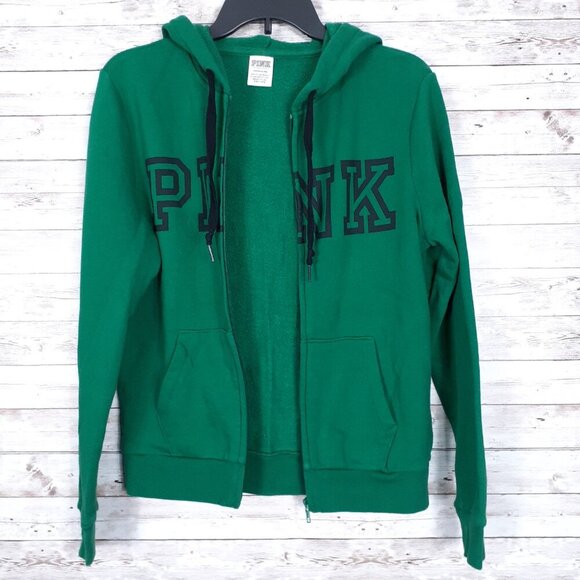 Victoria's Secret Pink Full Zip Hoodie Small Green Black Jacket 448A - Picture 2 of 5